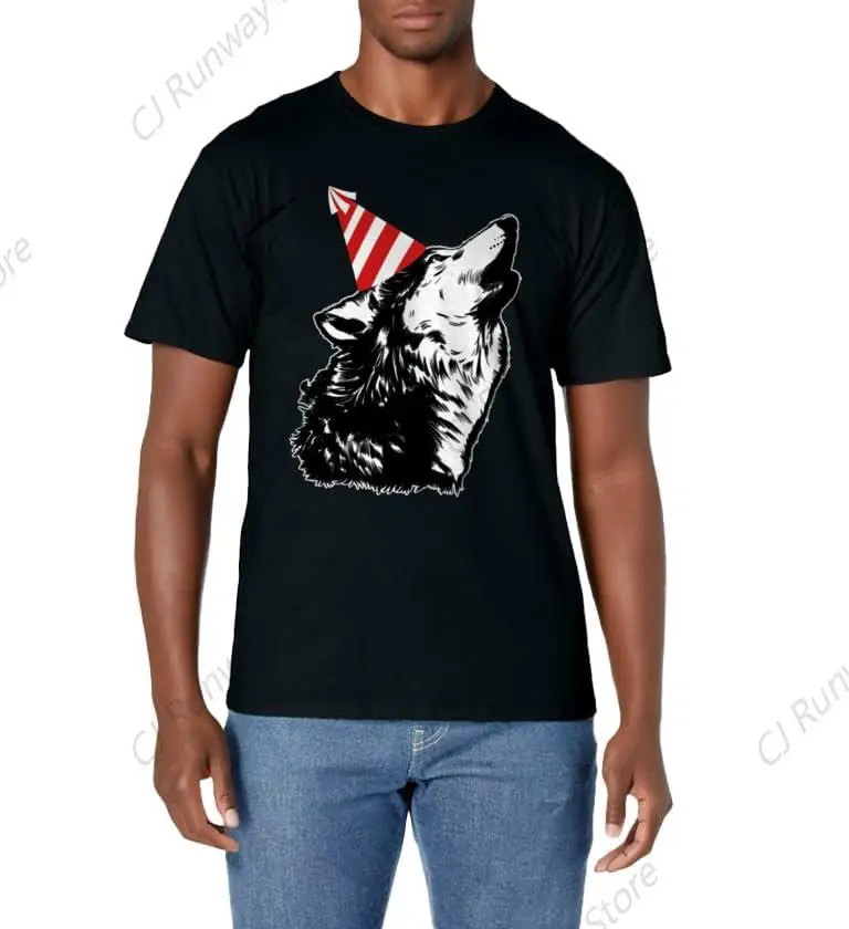 Wolf At A Party Cute Wolf with a Birthday Hat T-Shirt Cotton T-Shirt For Men Hip Hop T-Shirts Rapper Boy Men's T-Shirt