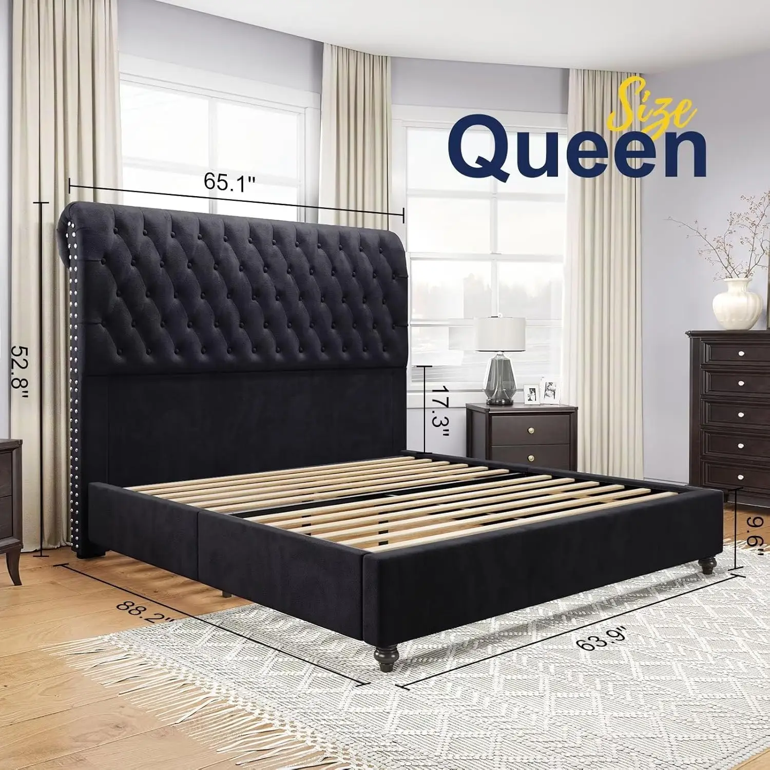 Queen Bed Frame, Headboard, Velvet Sleigh Bed, Push-button Tufted 52.8 