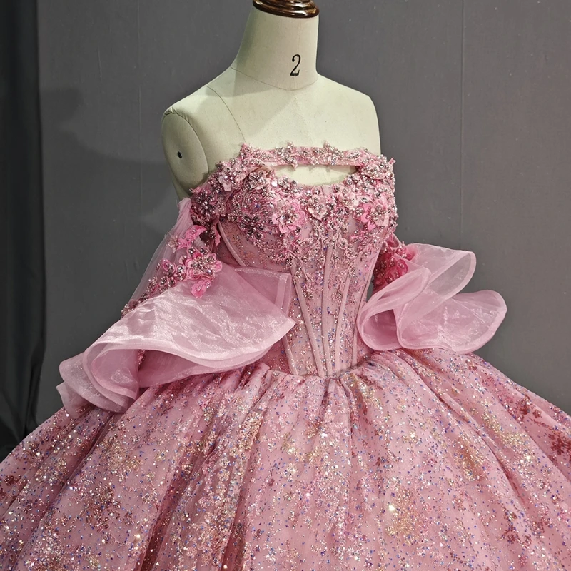 Pink Illusion Glitter Quinceanera Dresses Ball Gown Off The Shoulder Crystal Sequined Applique Tull Corset Tull Vestidos 15 De