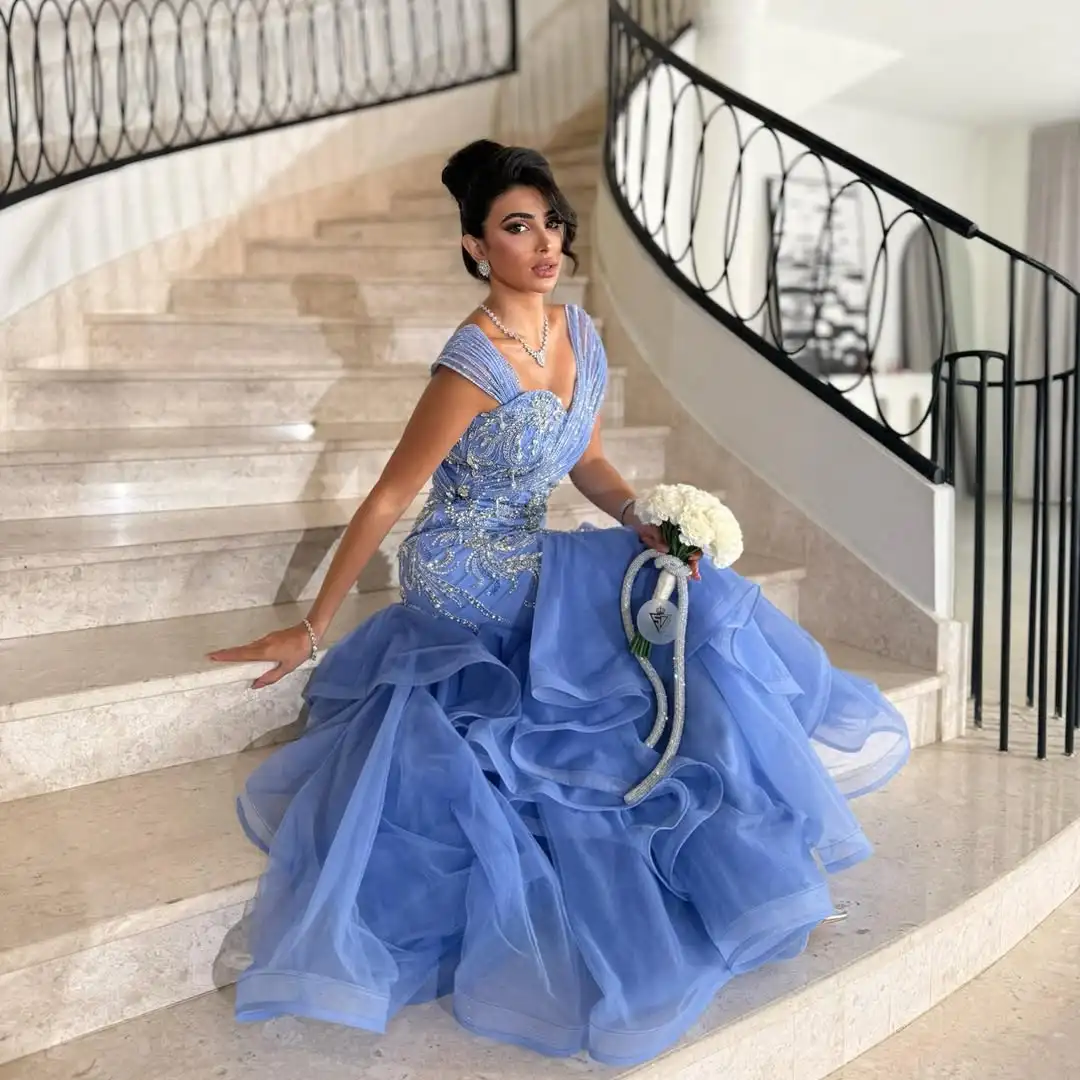 Meetlove Blue Tulle Customized Evening Dresses Sleeveless Crystal Floor Length Mermaid Luxury Beading Prom Gowns For Women