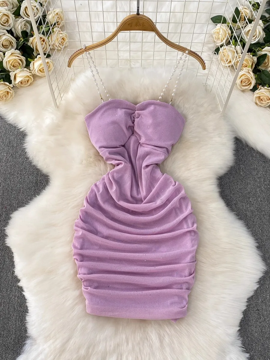 فستان Foamlina صيفي مرصع بالنجوم بتصميم السماء المرصعة بخصر مطوي بقصة ضيقة فستان قصير مثير برغبة نقية فستان بدون ظهر #1