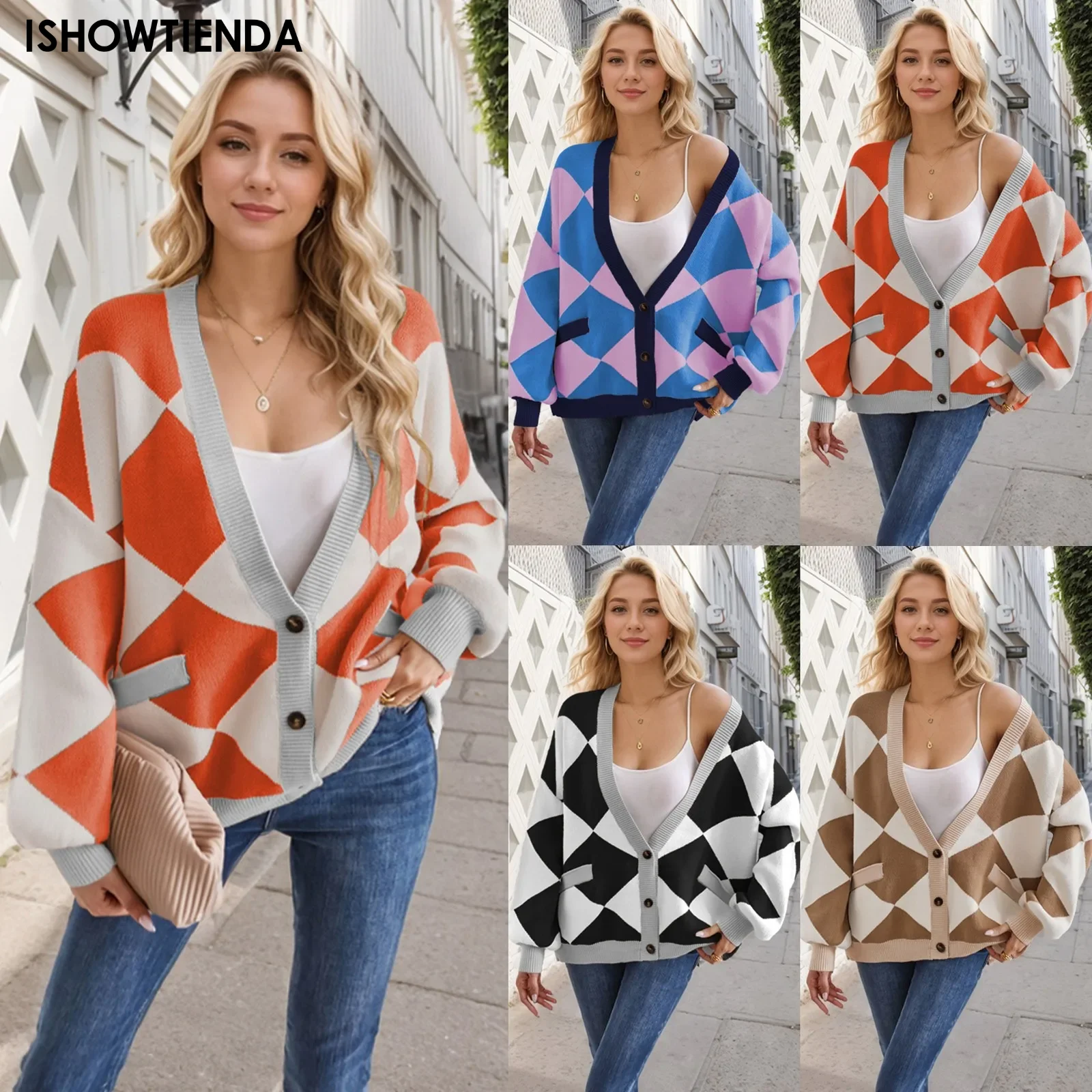 Women's 2024 Autumn/winter New Retro Geometric Diamond Shaped Sweater Loose Outerwear Lazy Style Coat Thick Knitted Cardigan