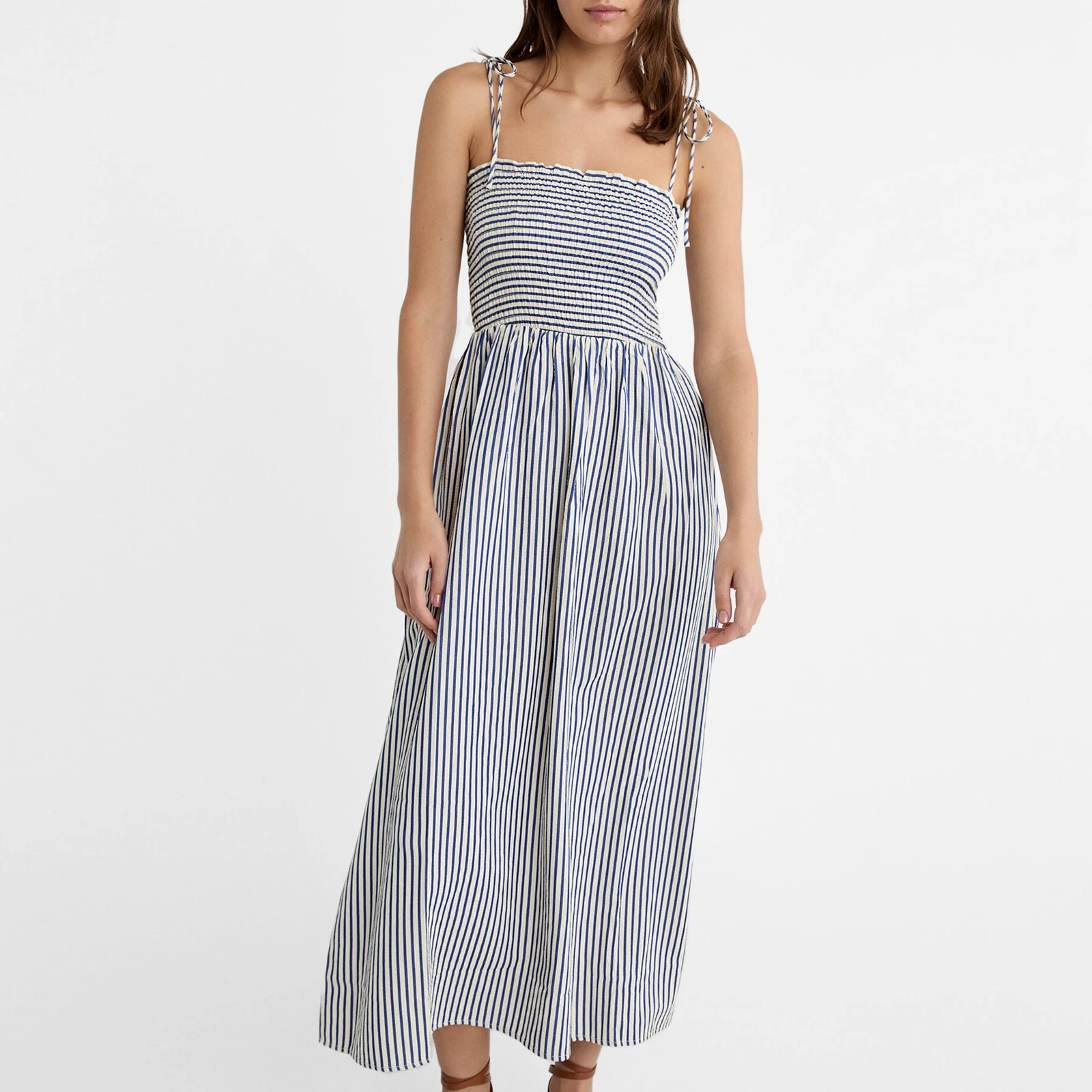 Thorn Tree Women Summer Casual Dresses Striped Print Sleeveless Backless Spaghetti Strap Pleated Holiday Beach Female Maxi Dress