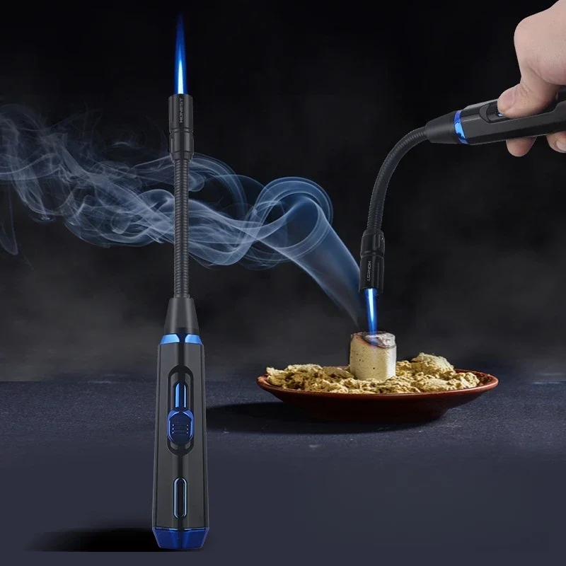 HONEST 720° Seamless Steel Hose Windproof Jet Blue Flame Butane Gas Lighter Visible Gas Window Outdoor BBQ Kitchen Cigar Lighter