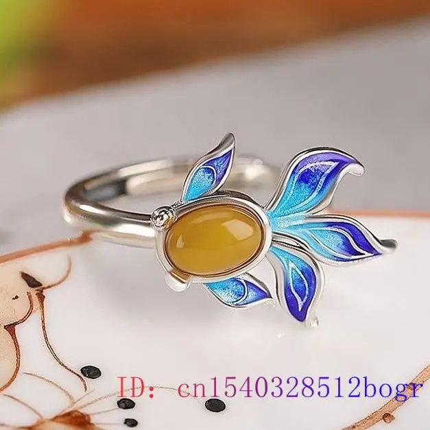 Yellow Real Jade Goldfish Ring 925 Silver Gemstone Accessories Fashion Carved Natural Jewelry Gift Adjustable Rings Women