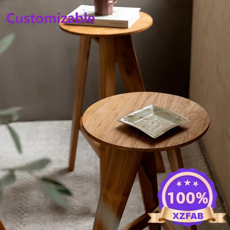Factory Direct 2026 Imported teak design solid wood bar chair high stool home bar chair trapezoidal tripod support log color sto