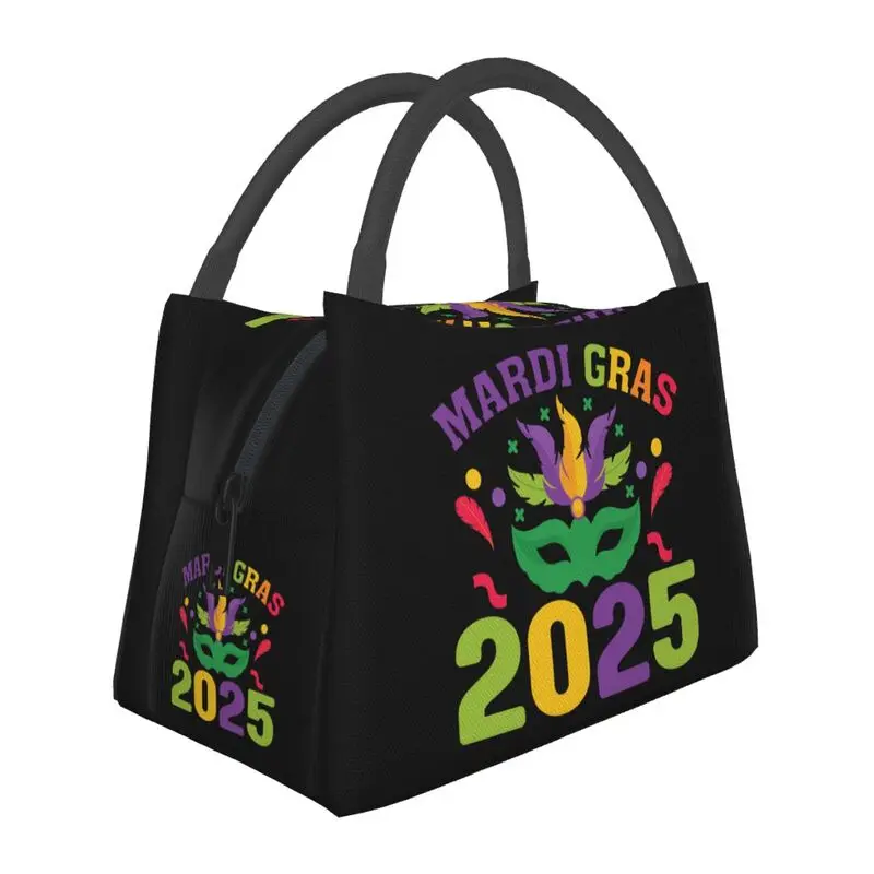 Custom 2025 Mask Feathers Mardi Gras Insulated Lunch Bags for Women Waterproof Thermal Cooler Bento Box Work Picnic