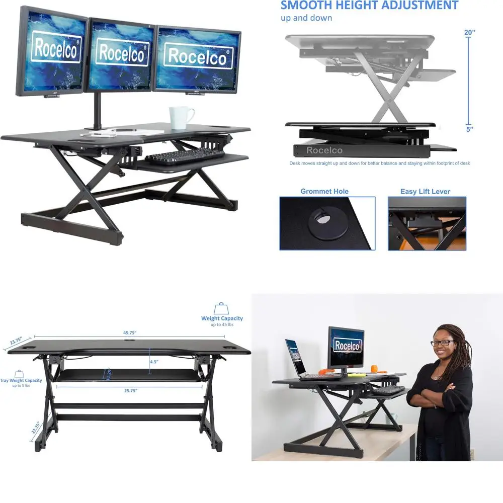 محول مكتب قائم قابل لضبط الارتفاع، حامل شاشة ثلاثي مع مساعدة زنبركية للغاز لانتقالات الجلوس السريعة