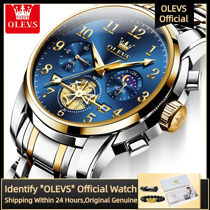 

OLEVS 2903 оригинальные мужские часы, лучший бренд, кварцевые часы со скелетом и лунным хронографом, водонепроницаемые мужские часы из нержавеющей стали