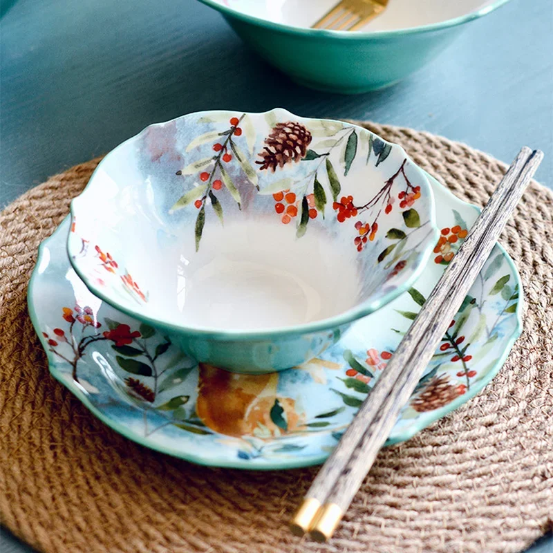 

Керамические 9-дюймовые 6-дюймовые миски в скандинавском стиле с глазурованным зеленым лесом, фруктовый салат, лапша, суповая миска, популярная посуда