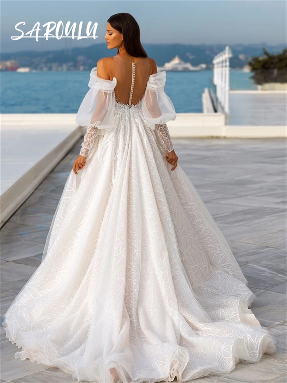 Vestidos De novia De línea A De encaje dulce, vestido De novia largo personalizado para mujer, vestido De novia con cuello transparente De flores 3D, Vestidos De novia