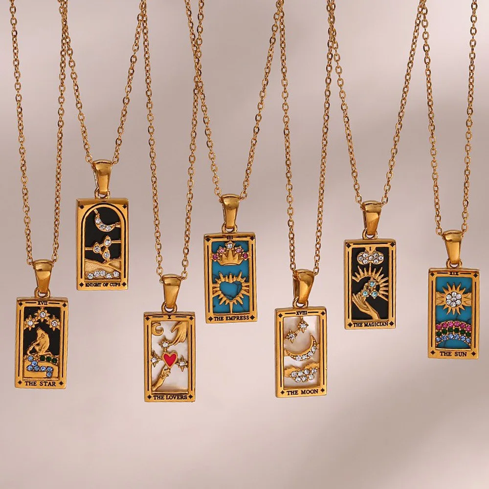 European and n ins fashion retro popular popular pendant pendant stainless steel rectangular drop oil zircon tarot card necklace