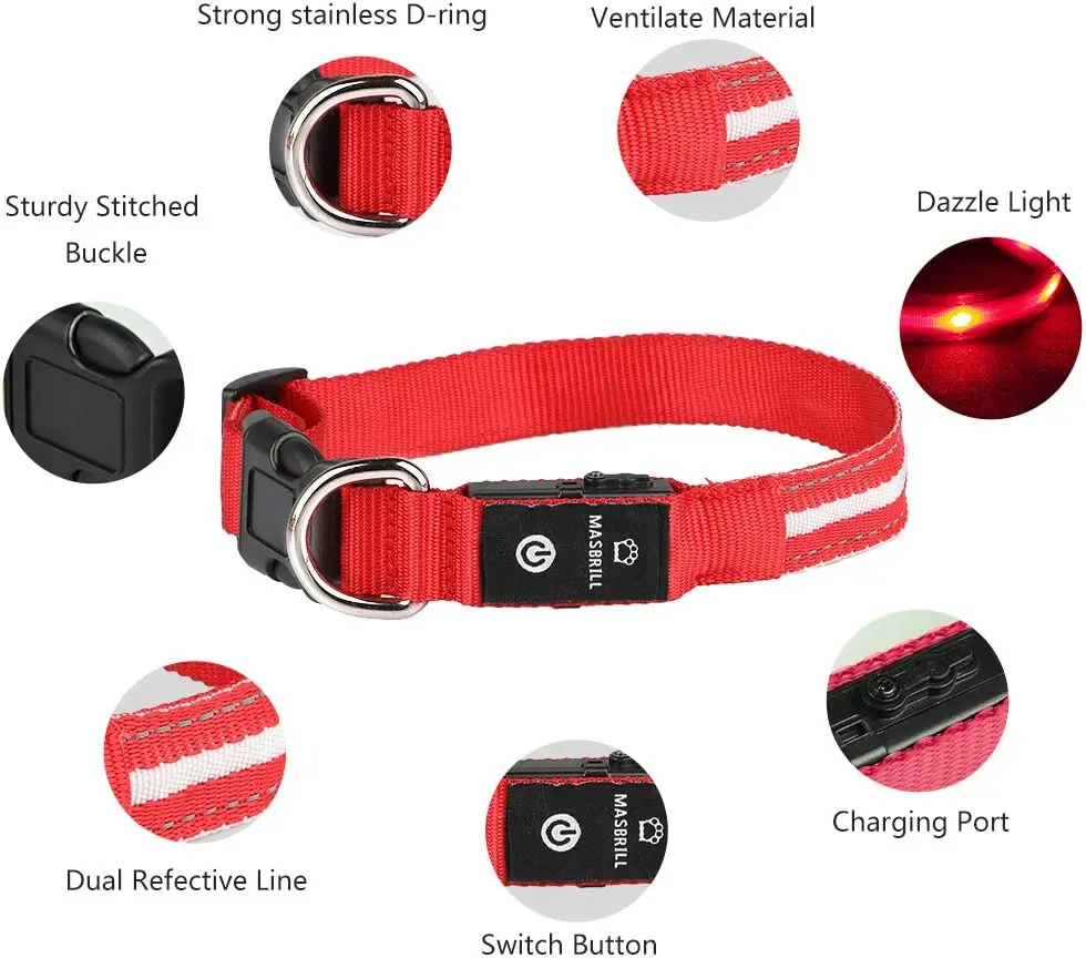 MASBRILL Dog Collar Rechargeable LED Dog Collar 100% Waterproof Flashing Lights with USB Outdoor Walking Night Safety Supplies