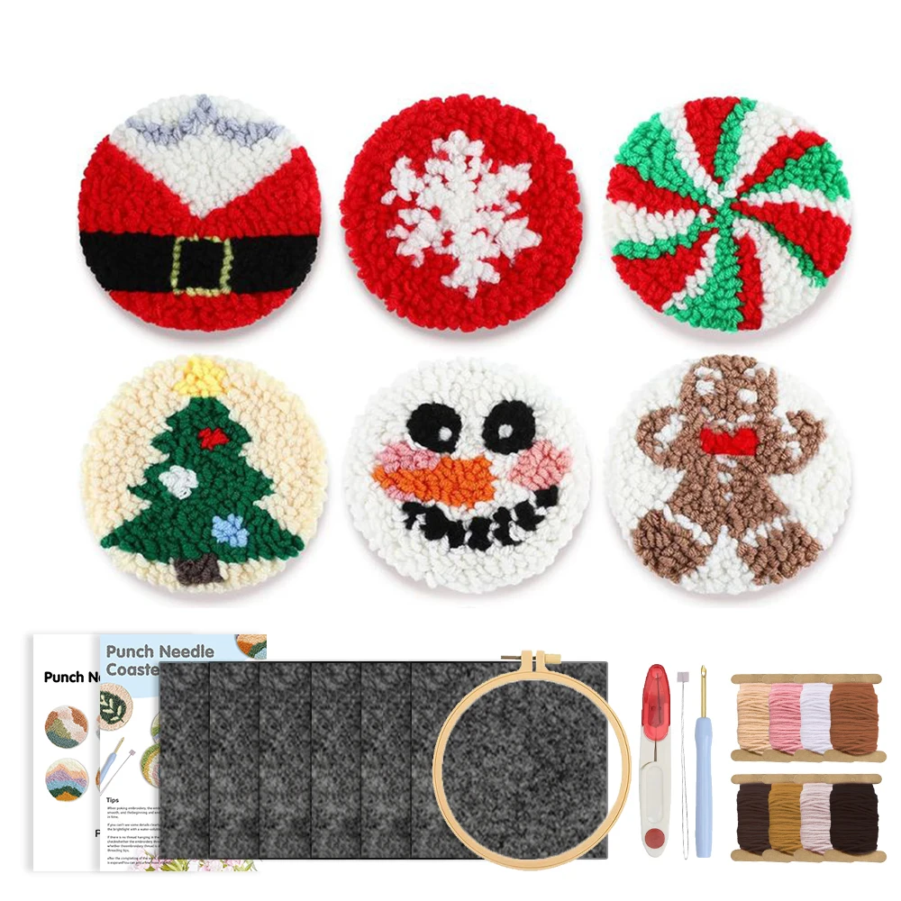 

6pcs Punch Needle Embroidery Coaster Set For Adult Punch Needle Embroidery Set Christmas gift Tufting Coaster Art and Crafts