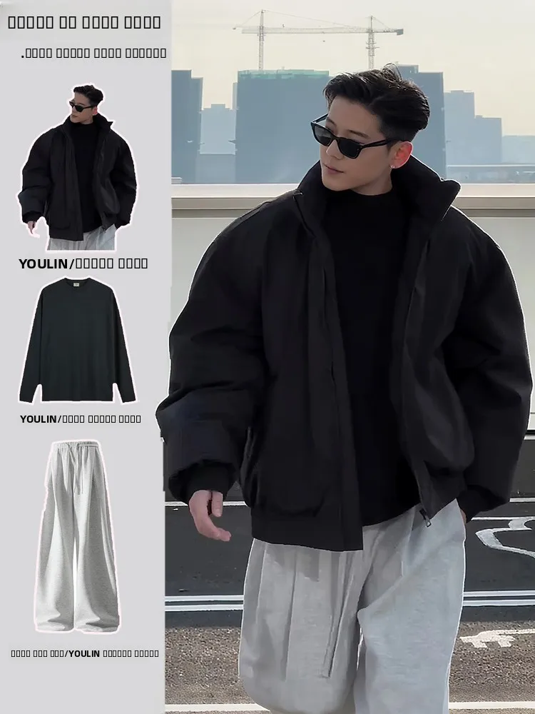 

Bla American Sle Flight Jaet down Coat Winter Thiened Cotton Added Stand Collar Men's Cool Haome Matching Set