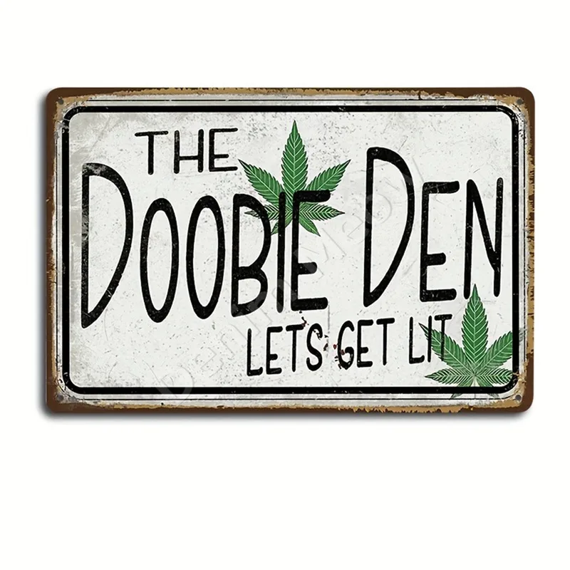 Doobie Den يتيح الحصول على علامة قصدير معدنية مضاءة ، علامة حد الأعشاب الضارة 420 ، ملصق غرفة الدخان ، فن جدار الكهف للرجل ، المنزل ، ديكور البار ، هدية ودية