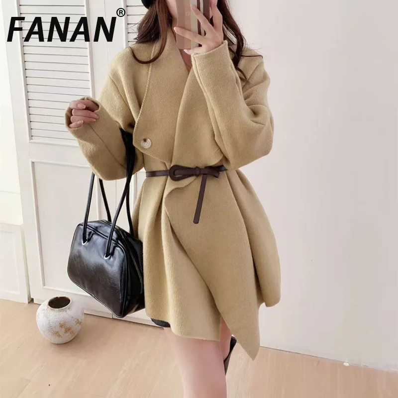 

FANAN женский вязаный кардиган средней длины, свитер, осень-зима, новый свободный свитер с поясом, простое модное вязаное пальто с большими лацканами, модное