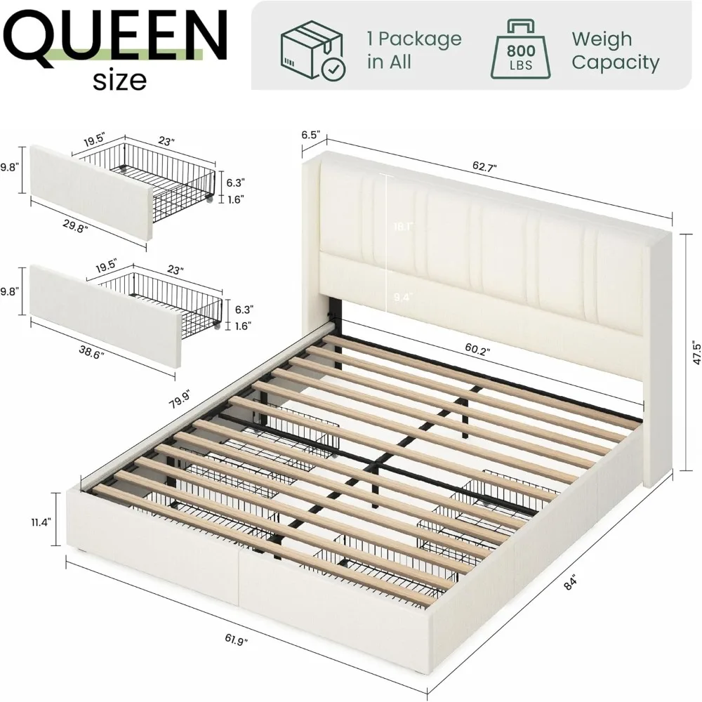 Queen Size Bed Frame with 4 Storage Drawers and Wingback Headboard Linen Upholstered Platform Bed Frame with Wooden Slats, Easy