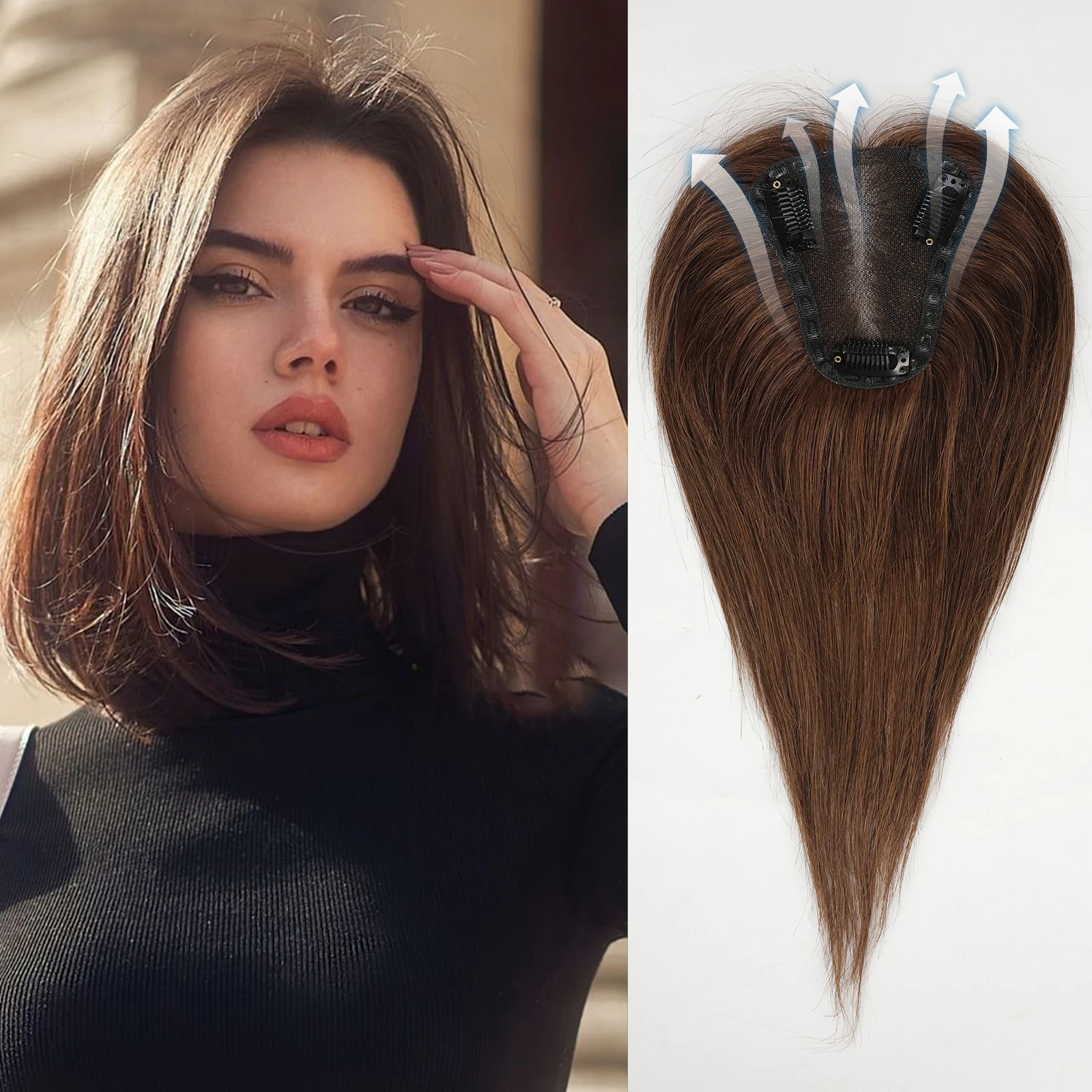 Blonde Golden 100% Remy Human Hair Topper Middle Part 12 Inch Silk Base Top Hairpieces Clip In Hair Extensions for Women image 3
