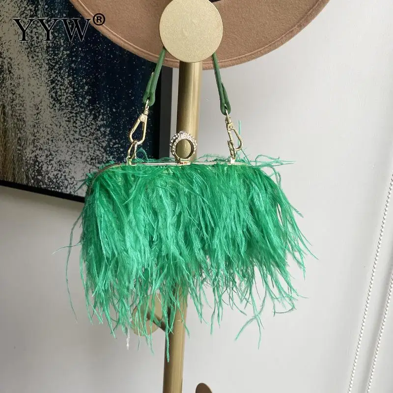 Luxury Ostrich Feather Evening Bags For Women 2023 Female Chain Shoulder Crossbody Bag Tassel Party Clutch Purse Wedding Handbag
