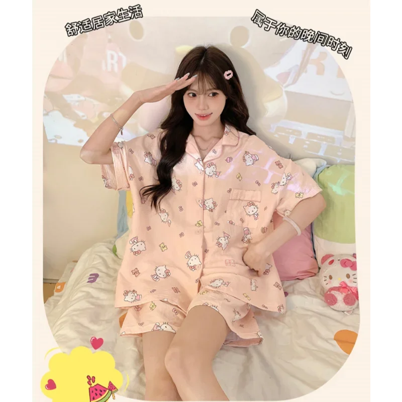 Sanrio Hello Kitty Pure Cotton Short Sleeve Short Pants Loose Women's Wear Pajamas Home Wear Silk Pajamas Women's Sleepwear Suit