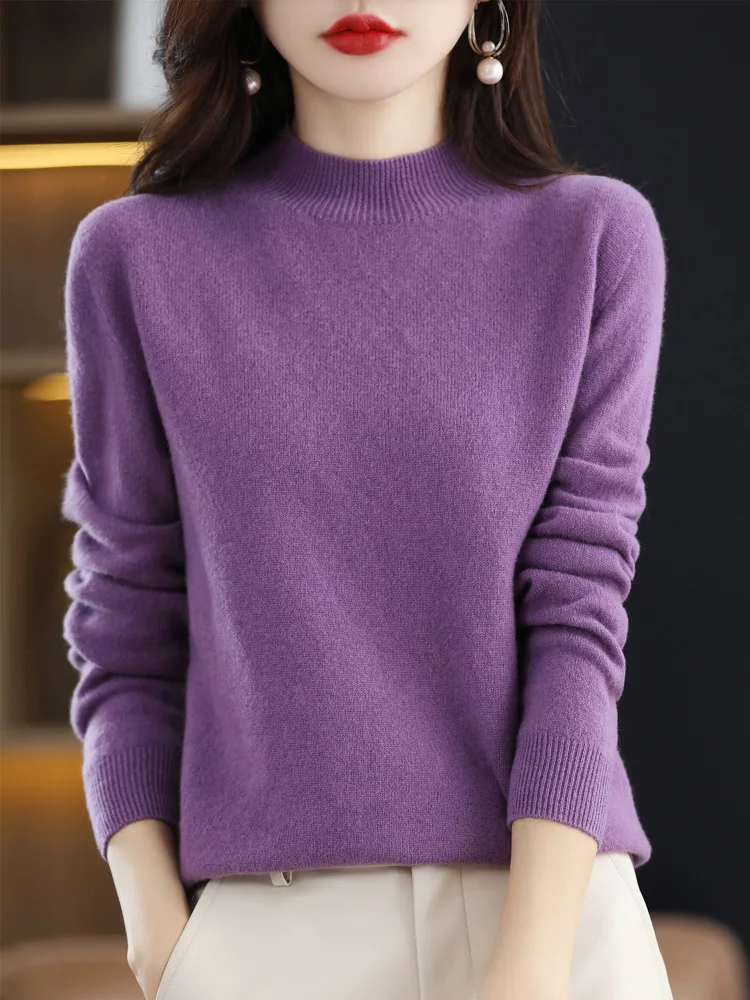 Women Cashmere Sweater 100% Merino Wool Pullover Mock Neck Knitwear Long-Sleeve Casual Fashion Tops Autumn Winter Clothing