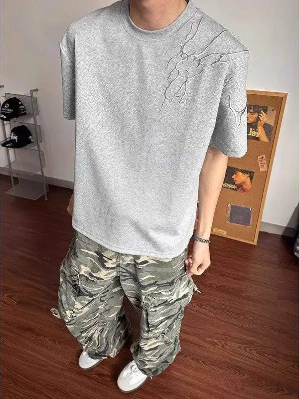 

Chinese Sle Small Lin Flower ey Thistle Embroidery T-irt Men's Summer Heavy oulder ort Sve Body irt Casual Loo...