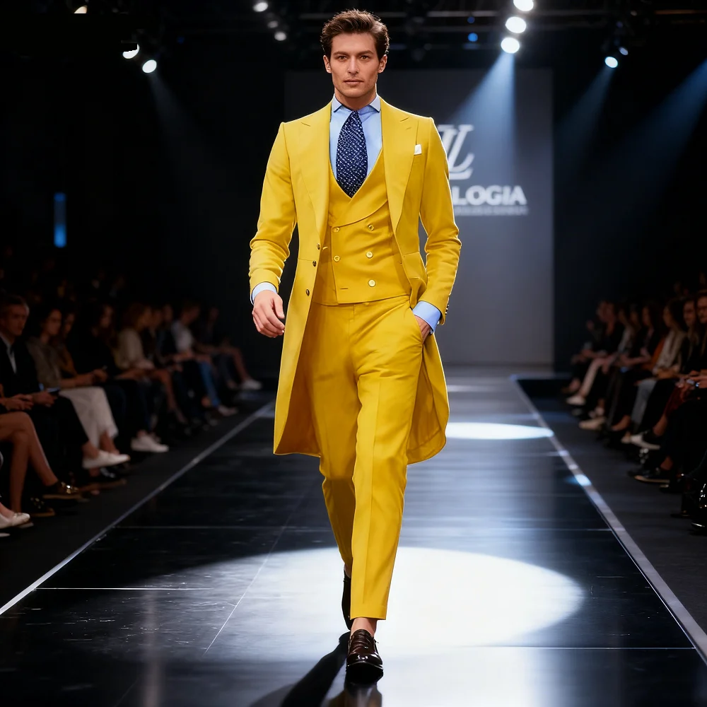 

3 Piece Long Formal Men's Suit for Wedding Solid Color Smoking Suit for Graduation Dance Matching Outfit Set