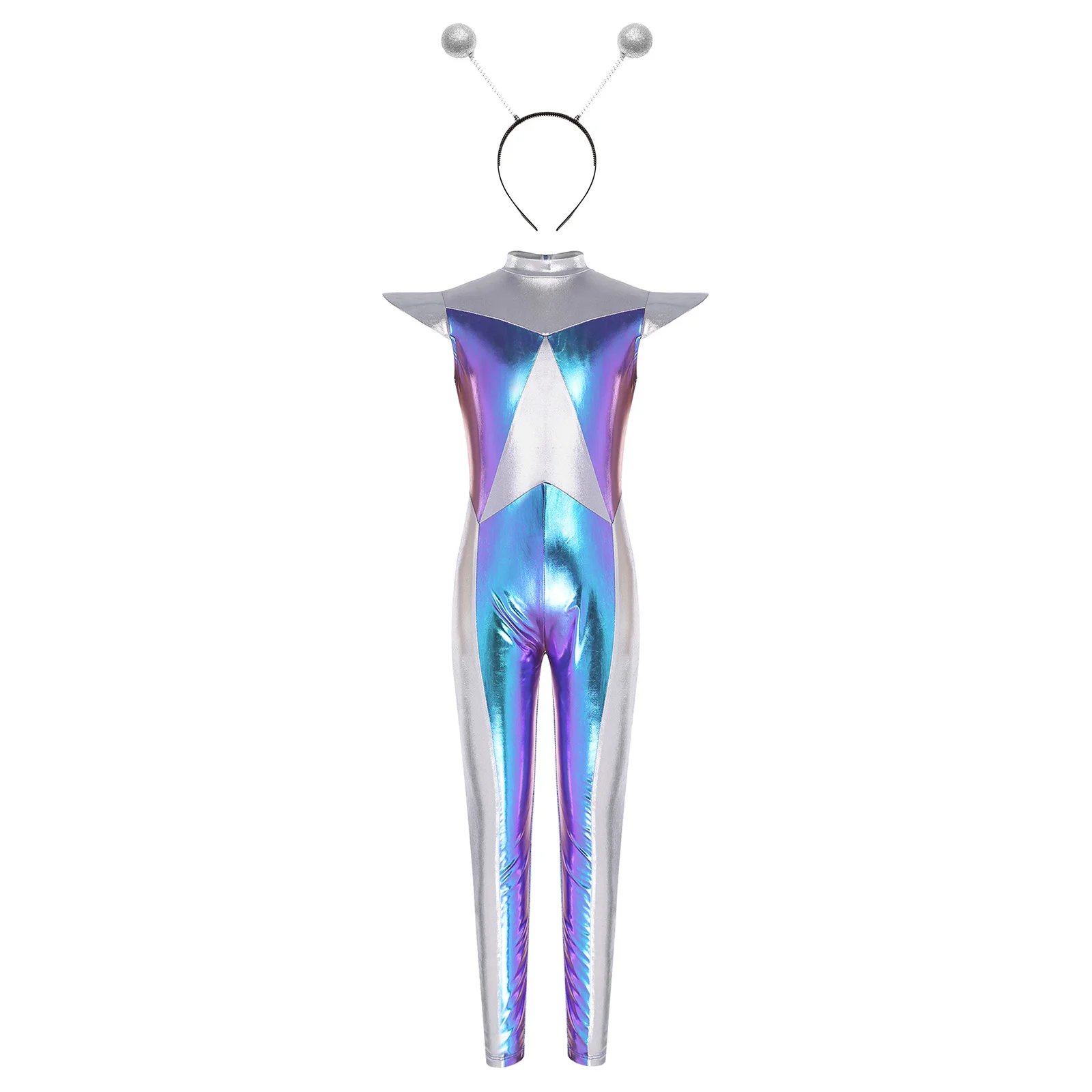 

Kids Girls Alien Costume Set Color Block Metallic Jumpsuit Hair Hoop for Halloween Role-Playing Cosplay Theme Party Fancy Ball