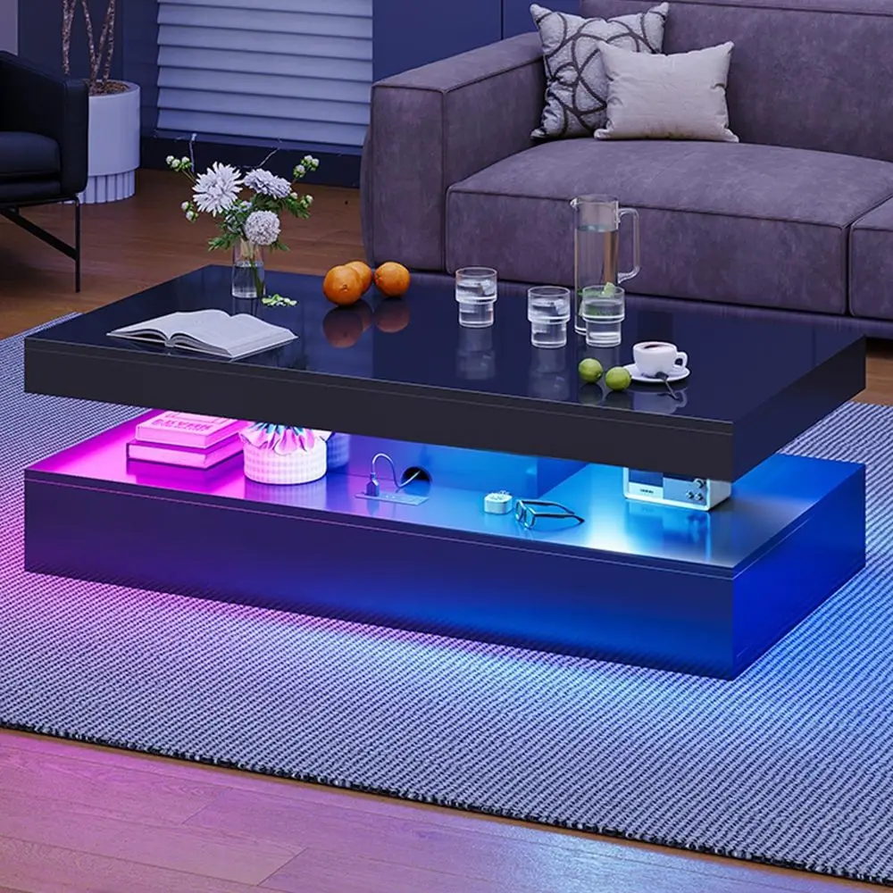 47” High-Glossy LED Coee Tale with 2 Sliding Ders, Living Room StoraCoee Tales, ern Stylish Doule-Layer Center Tales with LED Li
