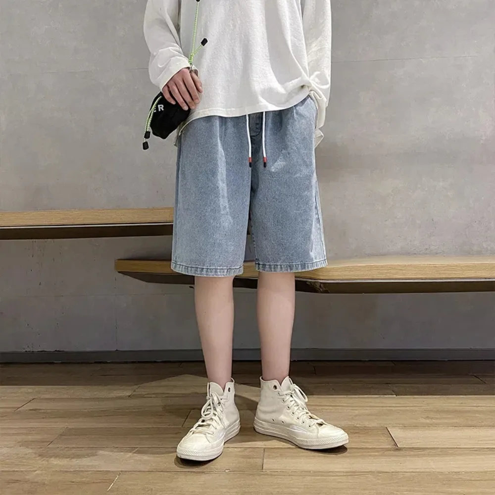 

Шикарные джинсовые шорты на шнурке, мужские широкие брюки с высокой талией, мешковатые короткие джинсы, свободные джинсовые брюки длиной до колена, летние