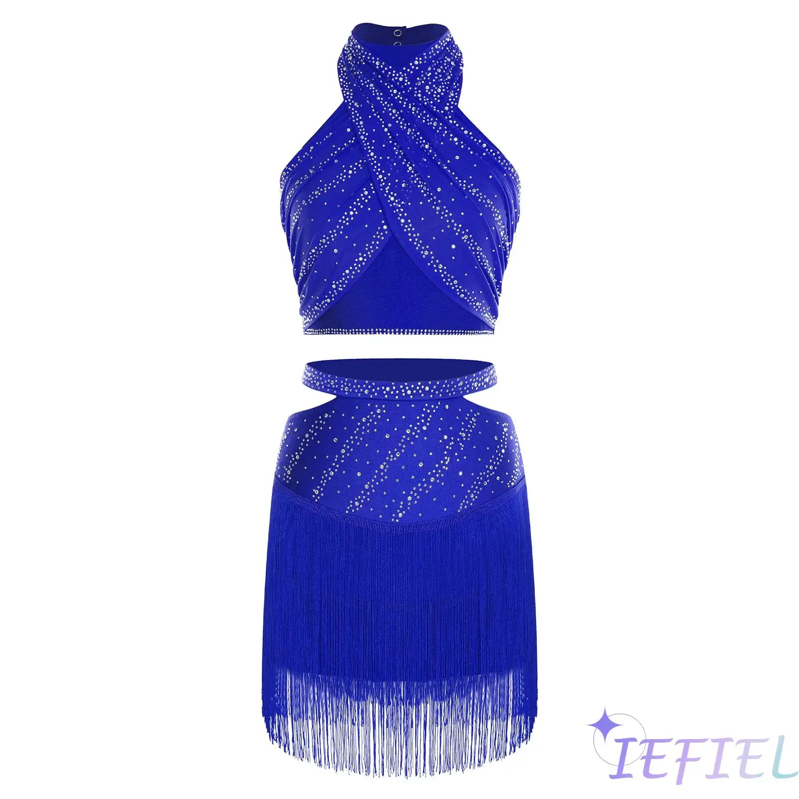 

Womens Latin Dance Costume Halter Sleeveless Shiny Rhinestones Crop Top with Elastic Waistband Tassels Skirt Latin Dancewear