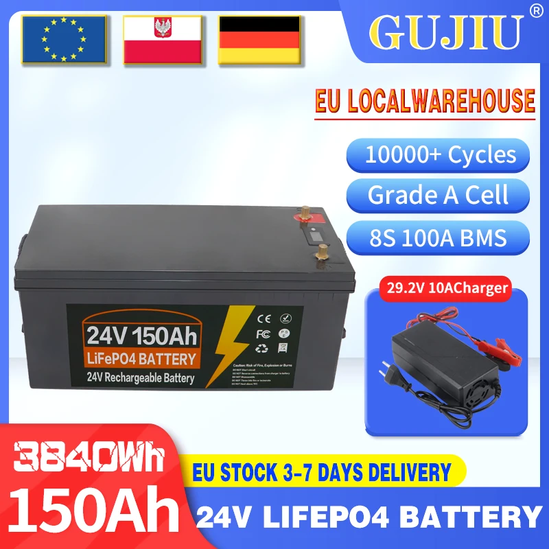 Brandneue LiFePO4 12V 24V 100Ah 150Ah 300Ah 350Ah LiFePO4 Lithium-Batterie mit 100A BMS, 10000+ Zyklen, für Wechselrichter, Solar, Wohnmobile, zollfrei