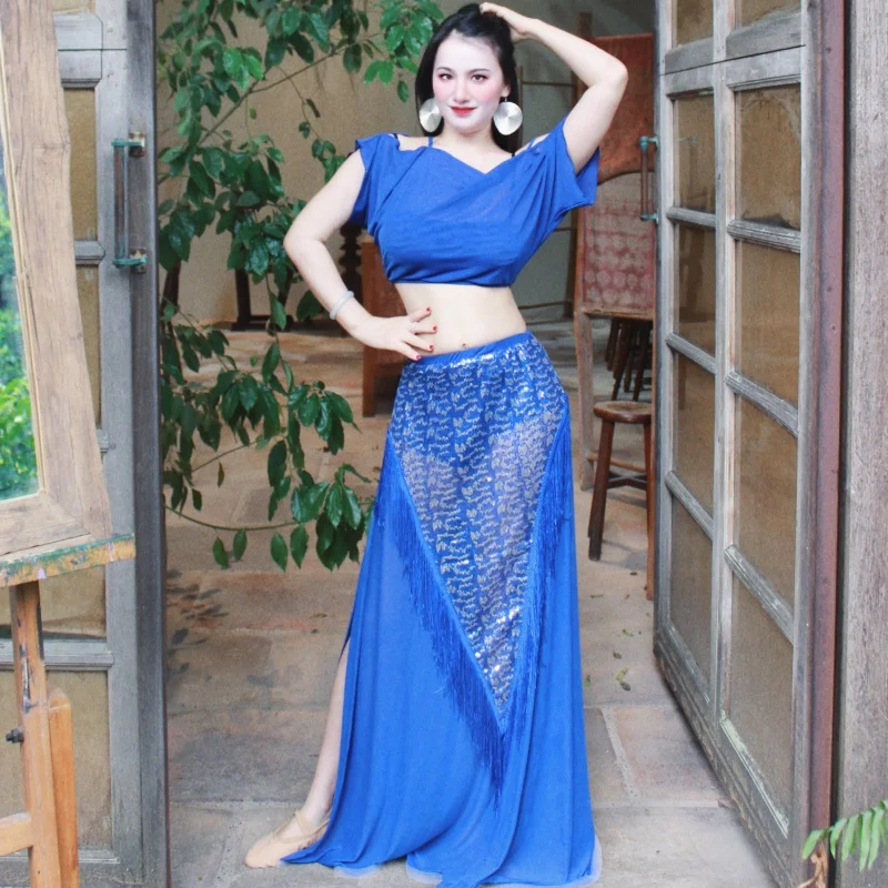 2025 BellyDance Costume Women's Off Shoulder Short Sleeve Top+Sexy sequin tassel Skirt Set Oriental Dance Performance Clothing