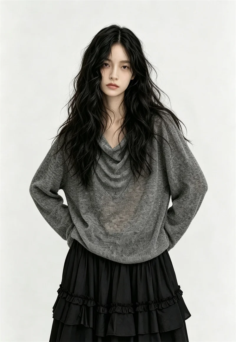 2026 Autumn Women Vintage Tie Dye Cowl Scoop U Neck Knit Top Cloud Feel Loose Long Sleeve Sheer Pullover