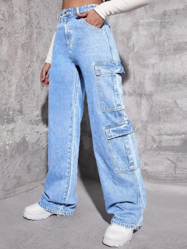 2023 Autumn New Y2K Style Women\'s Cargo Jeans Fashion Loose Denim Straight Leg Pants Street Trendy Trousers XS-L Drop Shipping