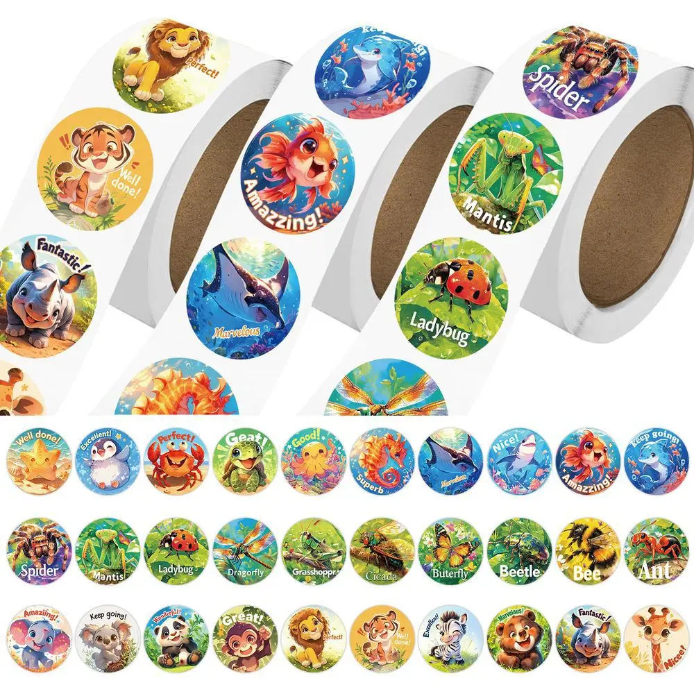 

500pcs/Roll Cute Animal Reward Stickers Bulk For Kids Farm Ocean Insects Sticker With Motivational Words Reward Sticker Gift