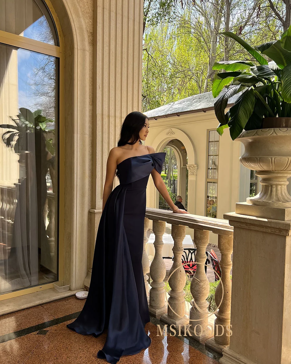 Sukienka wieczorowa Msikoods, granatowa, na jedno ramię, drapowana, elegancka, długa do podłogi, na studniówkę, sukienka formalna, sukienka na przyjęcie, możliwość personalizacji