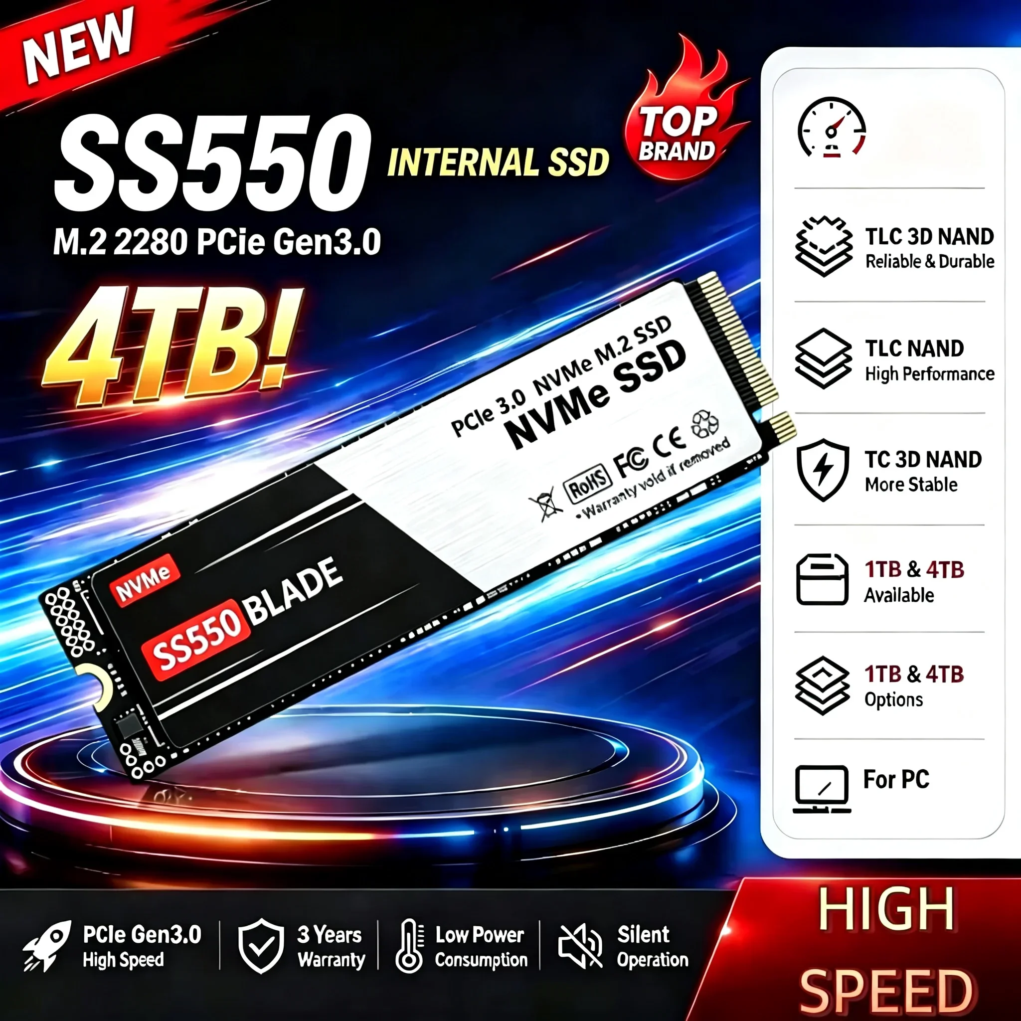 SSD Interno de Estado Sólido SS550 M.2 NVMe PCIe Gen3.0 X3 M.2 2280 Armazenamento de Alta Velocidade para Desktop, Laptop e PC