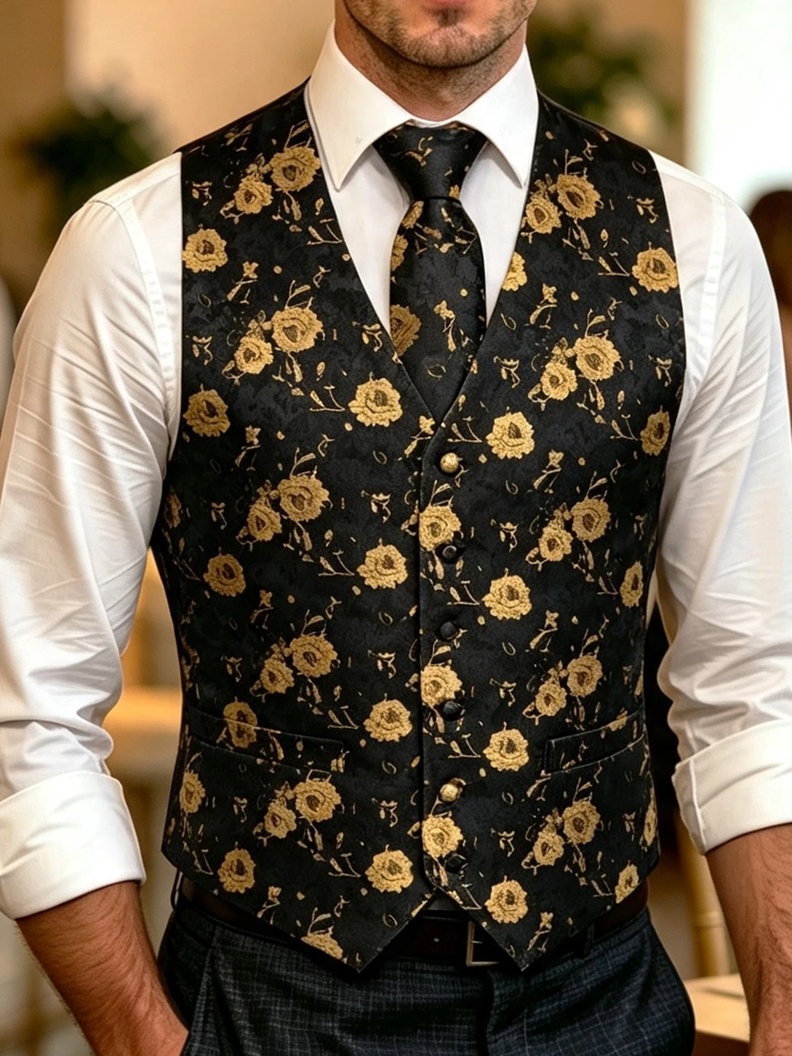 VERVEROW Elegant Men's Black&Yellow Jacquard Floral Waistcoat Tie Pocket Squard Set Formal Wedding Party Tuxedo