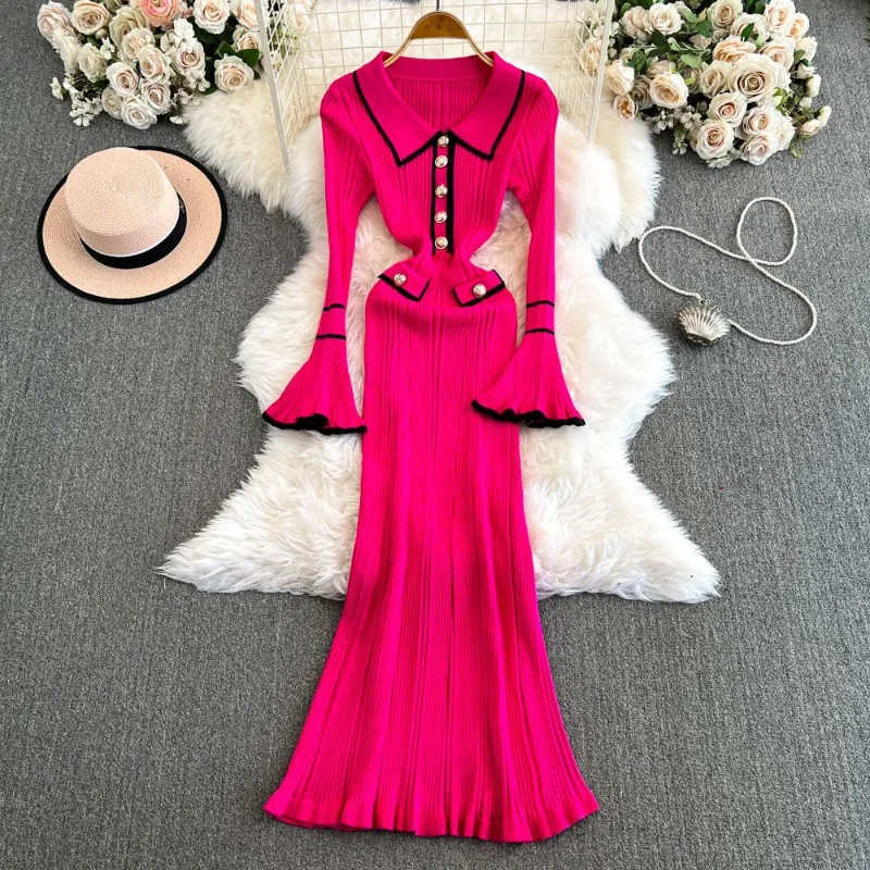 Women Fashion Knitted Ruffles Bodycon Maxi Dress Polo-neck Flare Long Sleeve Buttons High Stretch Elegant Casual Streetwear