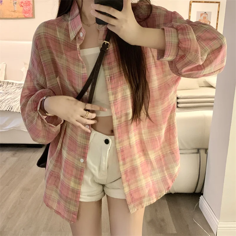 Rosa Kariertes Hemd Frauen Sheer Chiffon Langarm Kragen Button Up Bluse Top Weibliche Sommer Lose Dünne Karo Shirts
