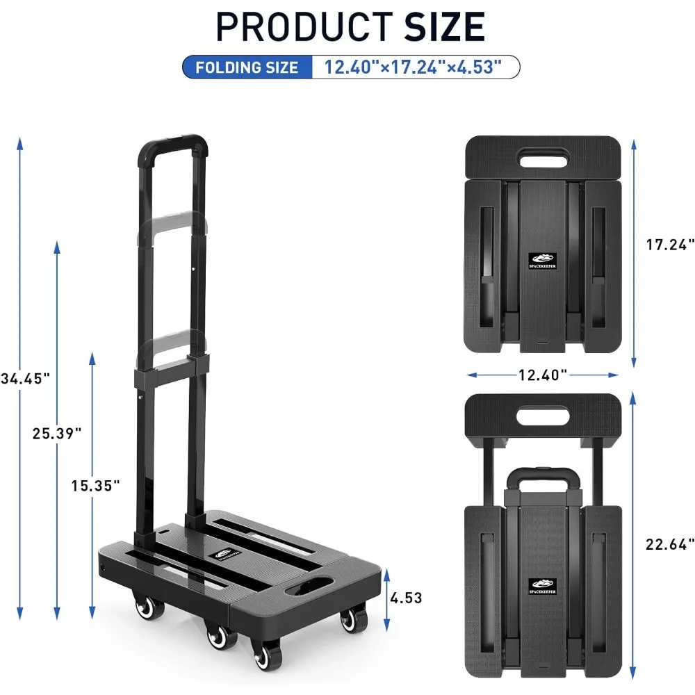 SPACEKEEPER Folding Hand Truck, 500 LB Heavy Duty Luggage Cart, Utility Dolly Platform Cart with 6 Wheels & 2 Elastic Ropes