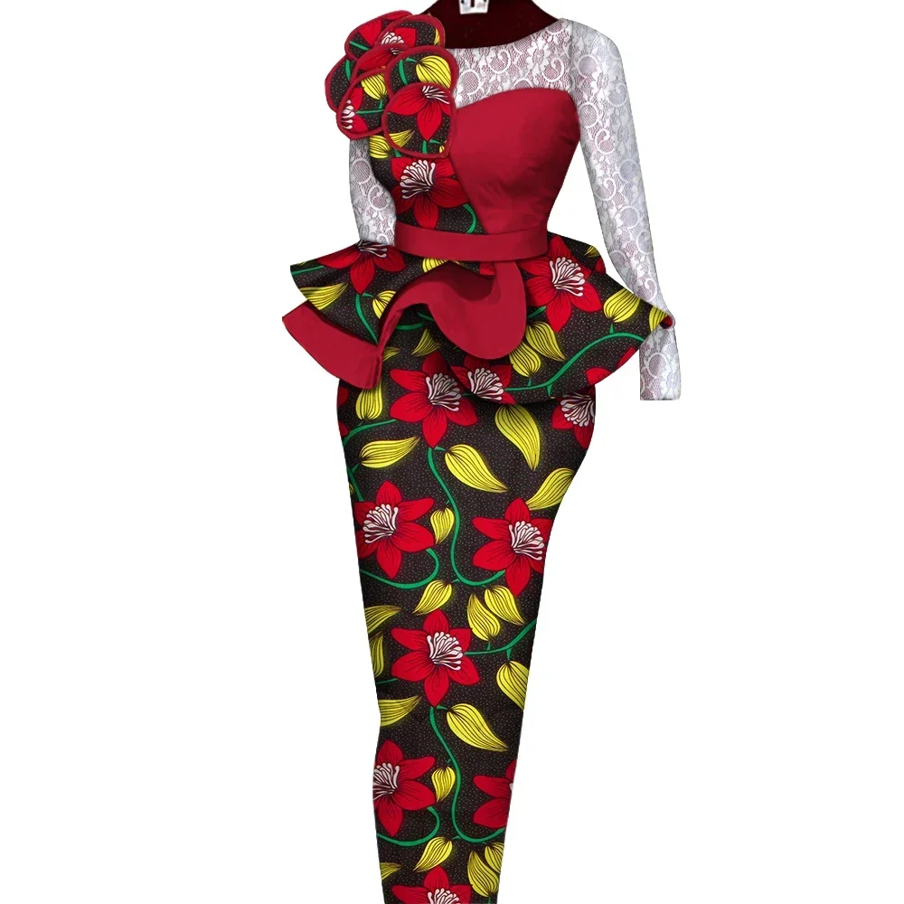 Conjuntos de falda africana, traje de mujer, faldas y Tops largos y rectos con decoración de encaje, ropa tradicional africana Bazin Riche WY6195