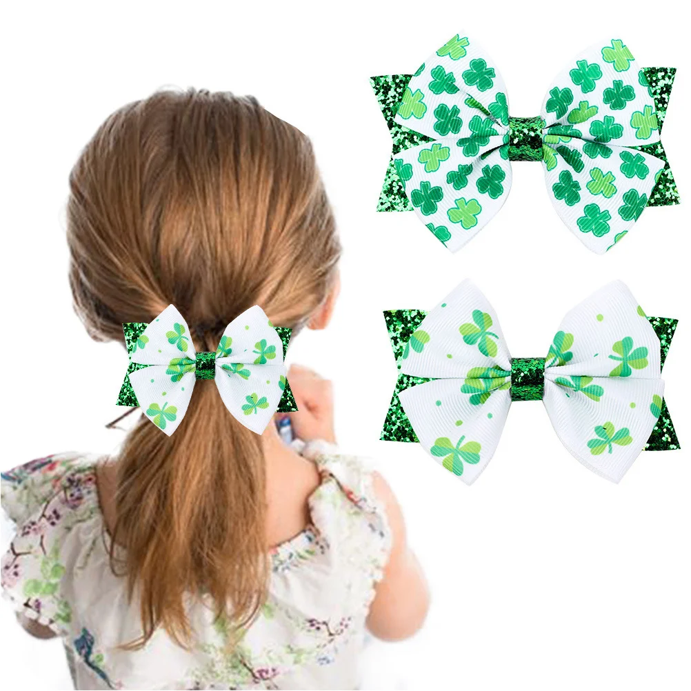 

4Pcs Bowknot Green Hair Clips Clover Hairpins Accessories St Patricks Day Hair Decoration Attractive Style