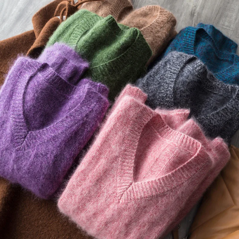 

Winter Cashmere Wool Knitted Sweater Women V-neck Soft Warm Long Sleeve Basic Pullovers