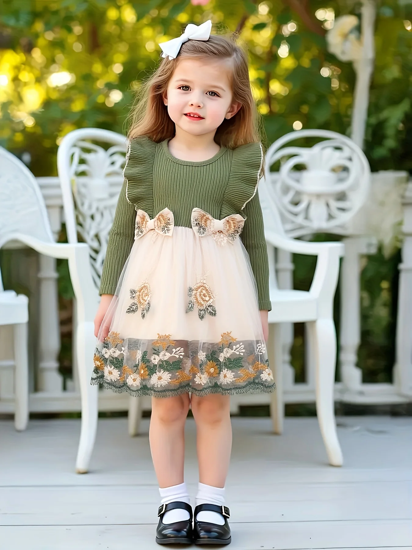 فستان محبوك على طراز الغابة للفتيات | بلوزة مضلعة باللون الأخضر الزيتوني مع تنورة من التول - فستان أميرة مزين بالزهور ثلاثي الأبعاد" #1