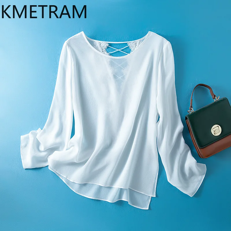 KMETRAM 100% Mulberry Silk Women T Shirts Fashion Back Crisscross T Shirt Casual Summer Sun Protection Blouse 2026 Woman Clothes