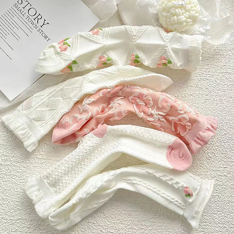 5 Pairs Of Lolita Cute White Socks Set For Girls Spring And Summer Sweet Ruffled Cute Cotton Socks For Women