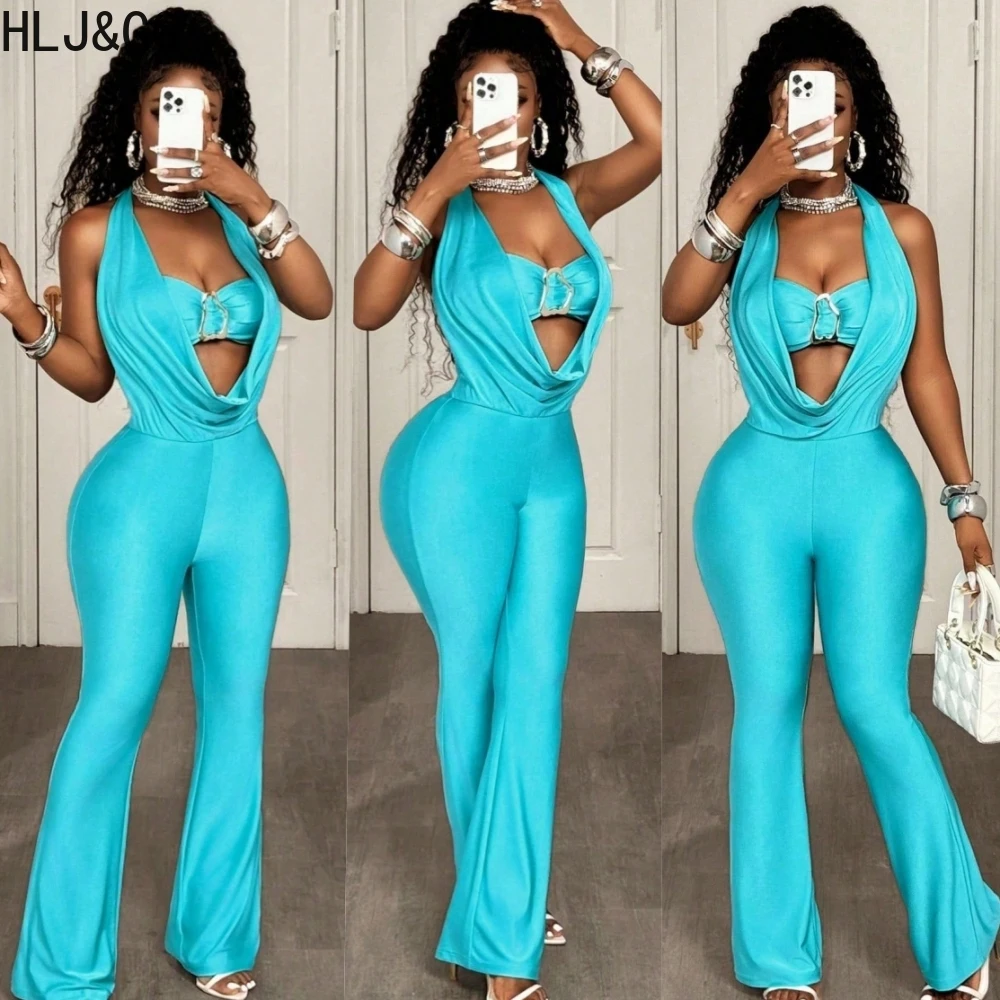 

HLJ&GG Blue Fashion Halter Hollow Out One Piece Jumpsuits Women Sleeveless Backless Lace Up Slim Rompers Female Solid Overalls
